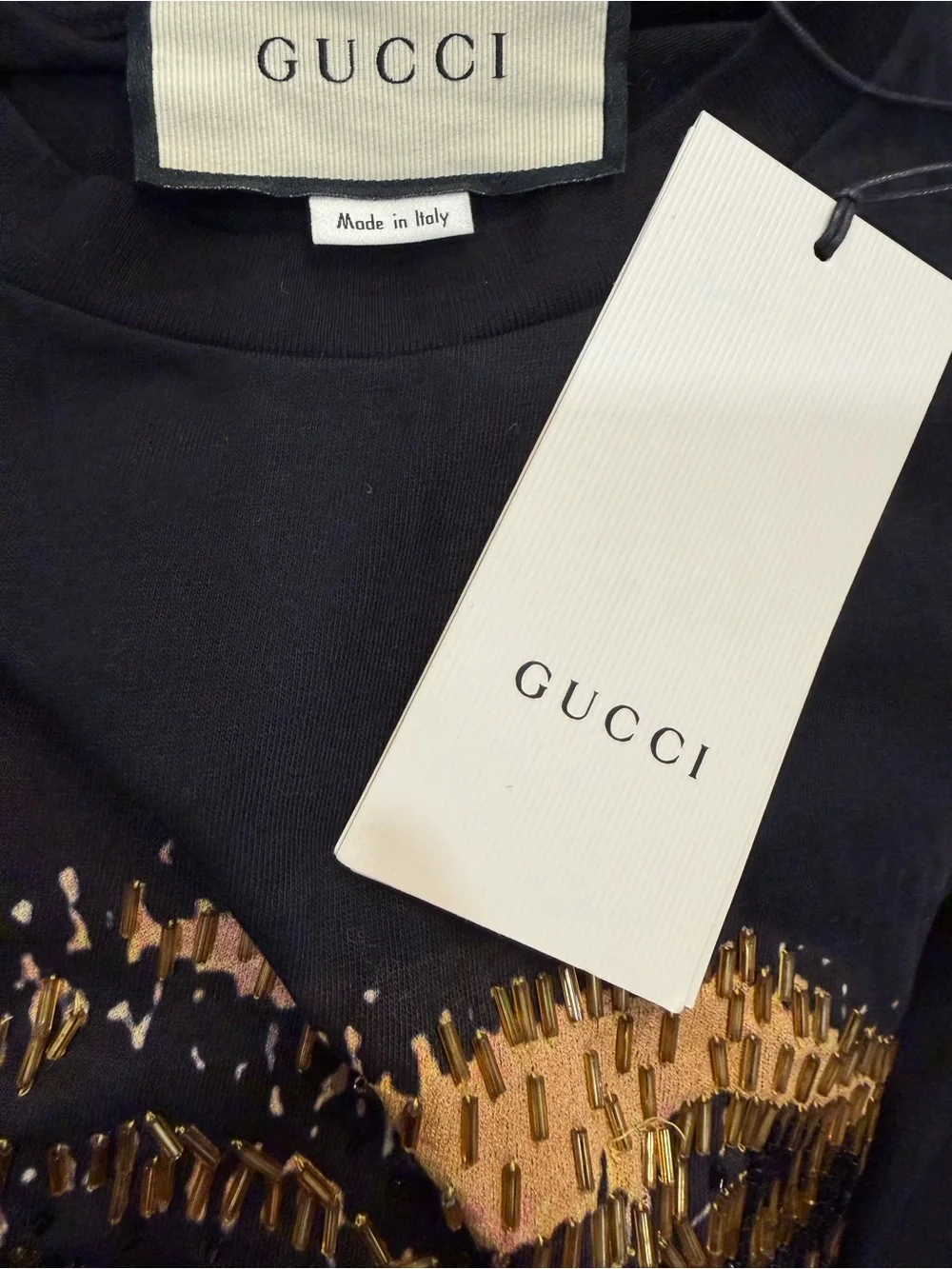 Gucci Black Tee with Large Beaded Tiger Face Graphic